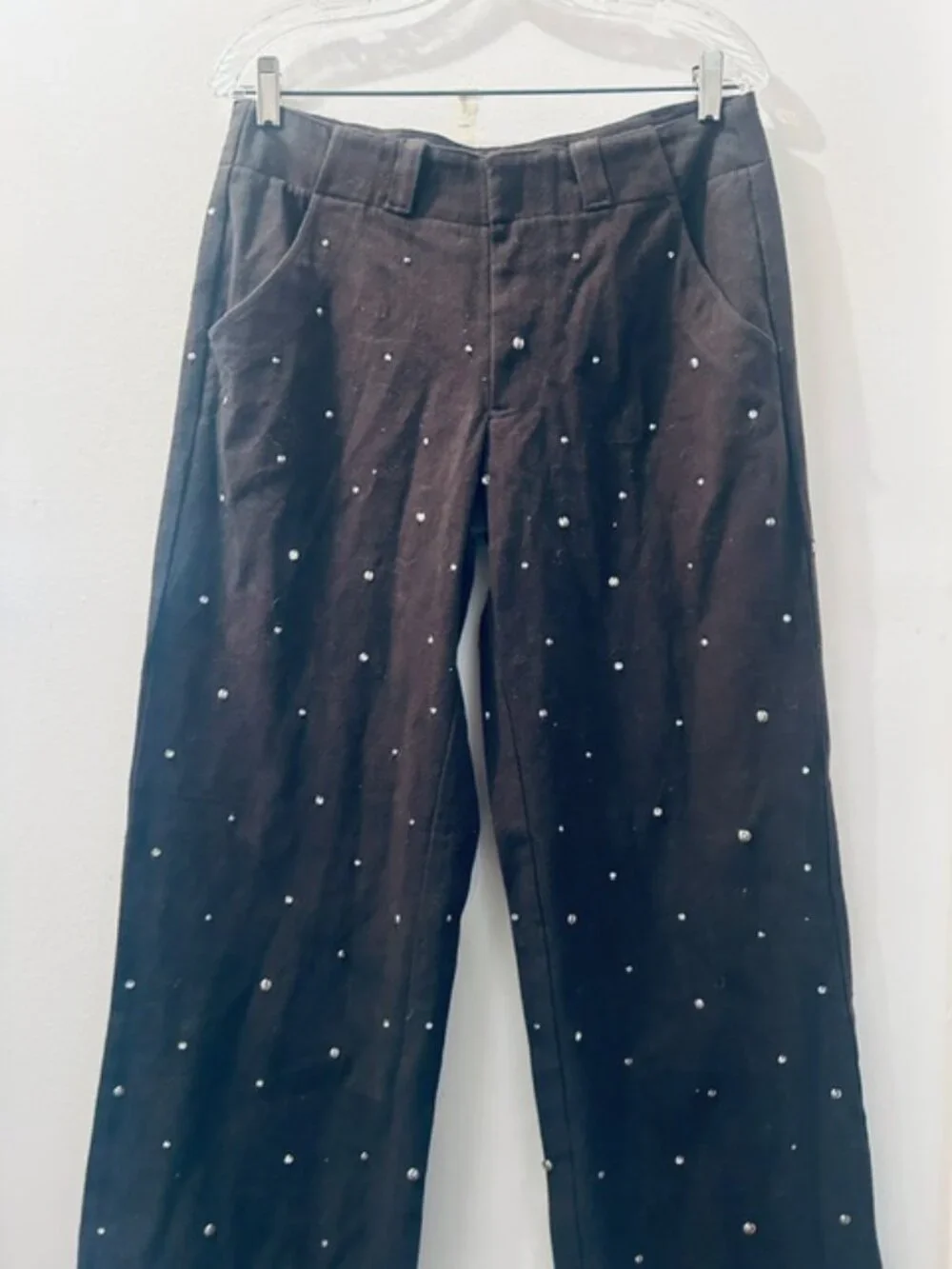 Free People Chocolate Brown Embellished Rhinestone Stud Trousers NEW